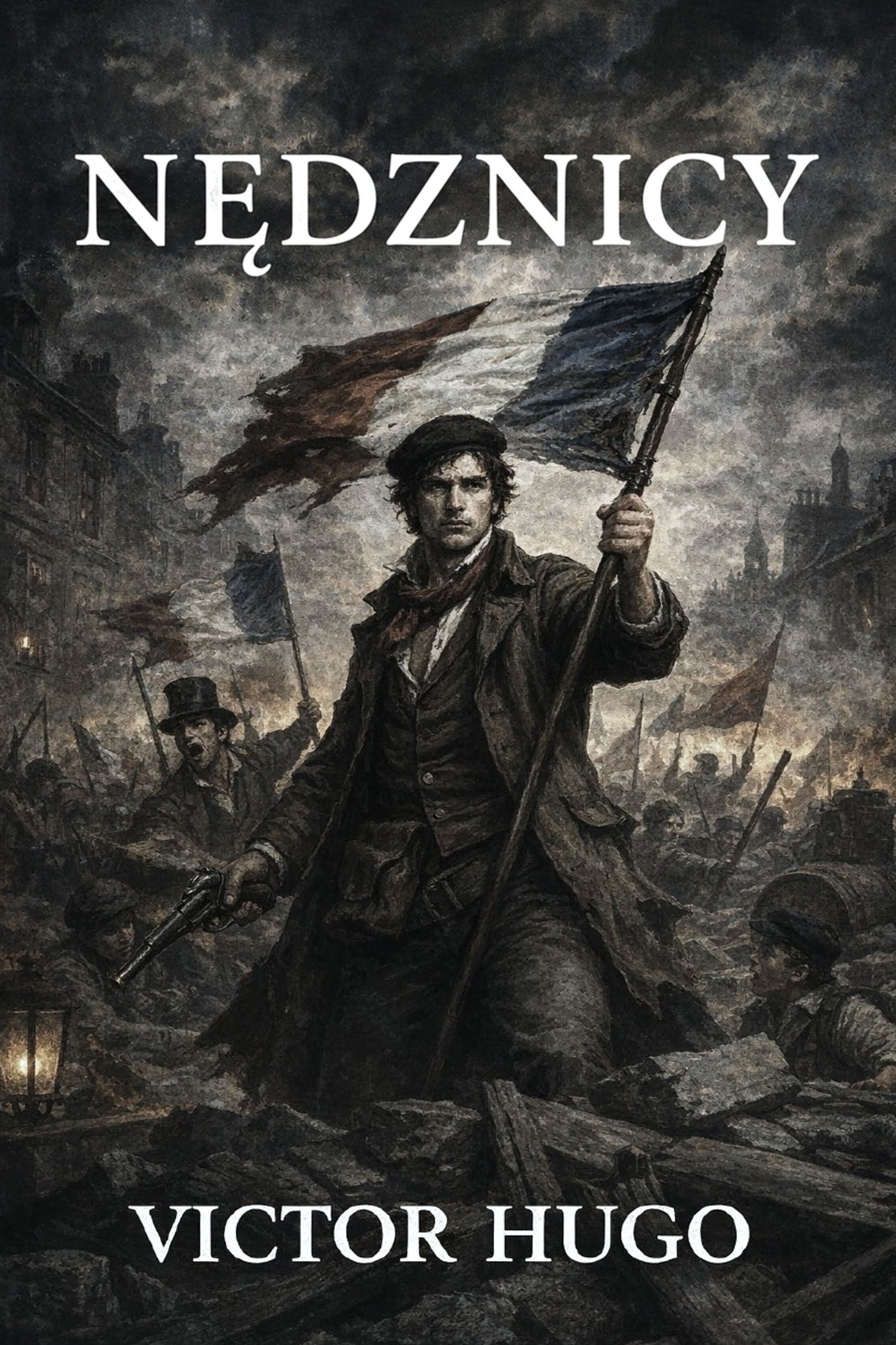 Book cover of 'Nędznicy' by Victor Hugo featuring a person holding flags in a dark, stormy scene.