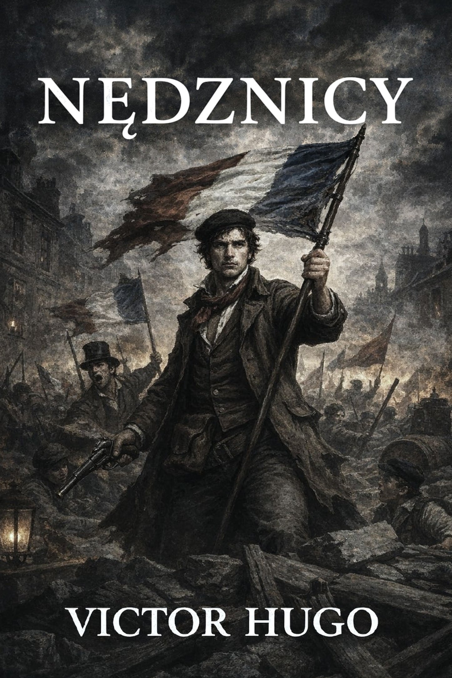 Book cover of 'Nędznicy' by Victor Hugo featuring a person holding flags in a dark, stormy scene.