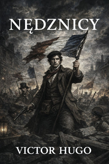 Book cover of 'Nędznicy' by Victor Hugo featuring a person holding flags in a dark, stormy scene.
