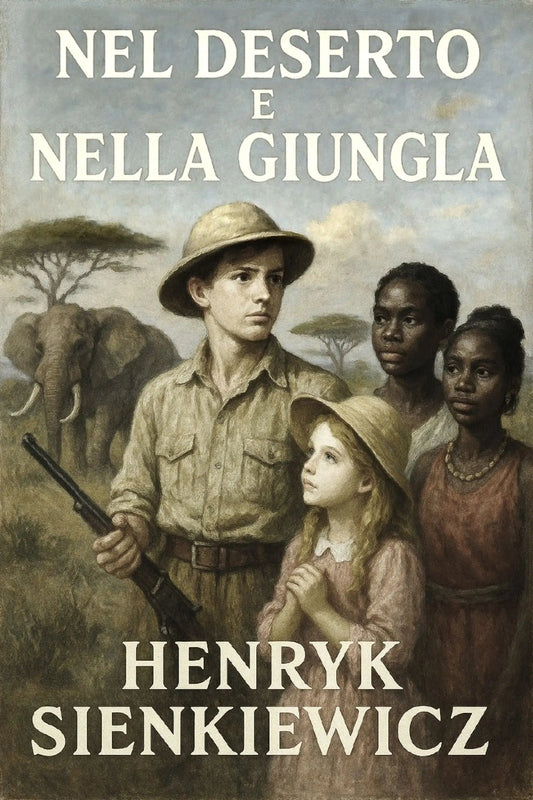 Book cover for 'Nel deserto e nella giungla' by Henryk Sienkiewicz, featuring an illustrated scene of a man in safari attire with a rifle, a young girl in a hat, and two children against an elephant and savanna background.