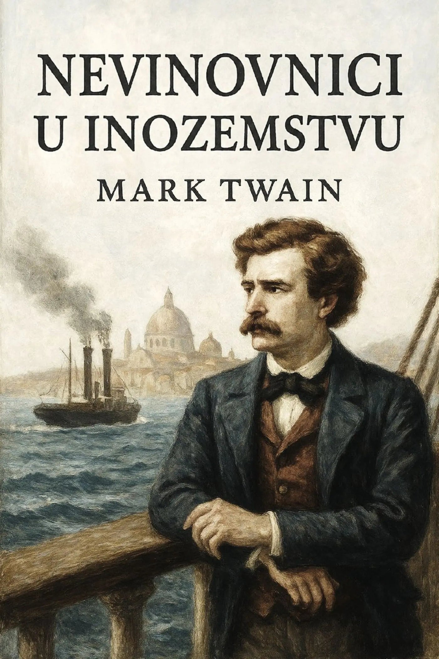 Book cover for 'Nevinovnici u inozemstvu' by Mark Twain, featuring a painted portrait of Mark Twain in a dark suit leaning on a railing, with a steamship and domed cityscape in the background.