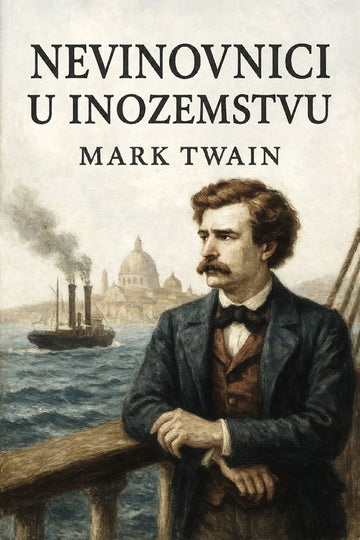 Book cover for 'Nevinovnici u inozemstvu' by Mark Twain, featuring a painted portrait of Mark Twain in a dark suit leaning on a railing, with a steamship and domed cityscape in the background.