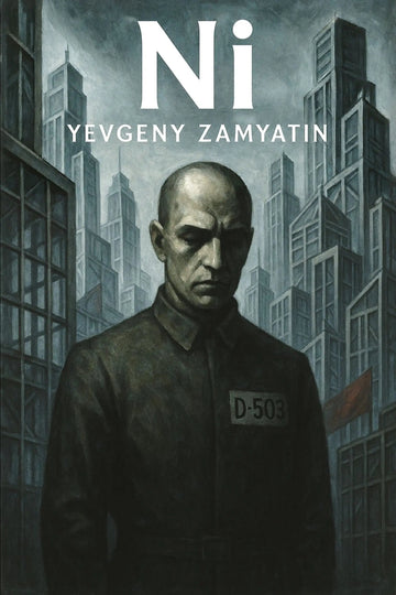 Book cover for 'Ni' by Yevgeny Zamyatin, featuring a dark, stylized illustration of a man in a uniform with a badge reading D-503, set against a backdrop of towering gray skyscrapers.