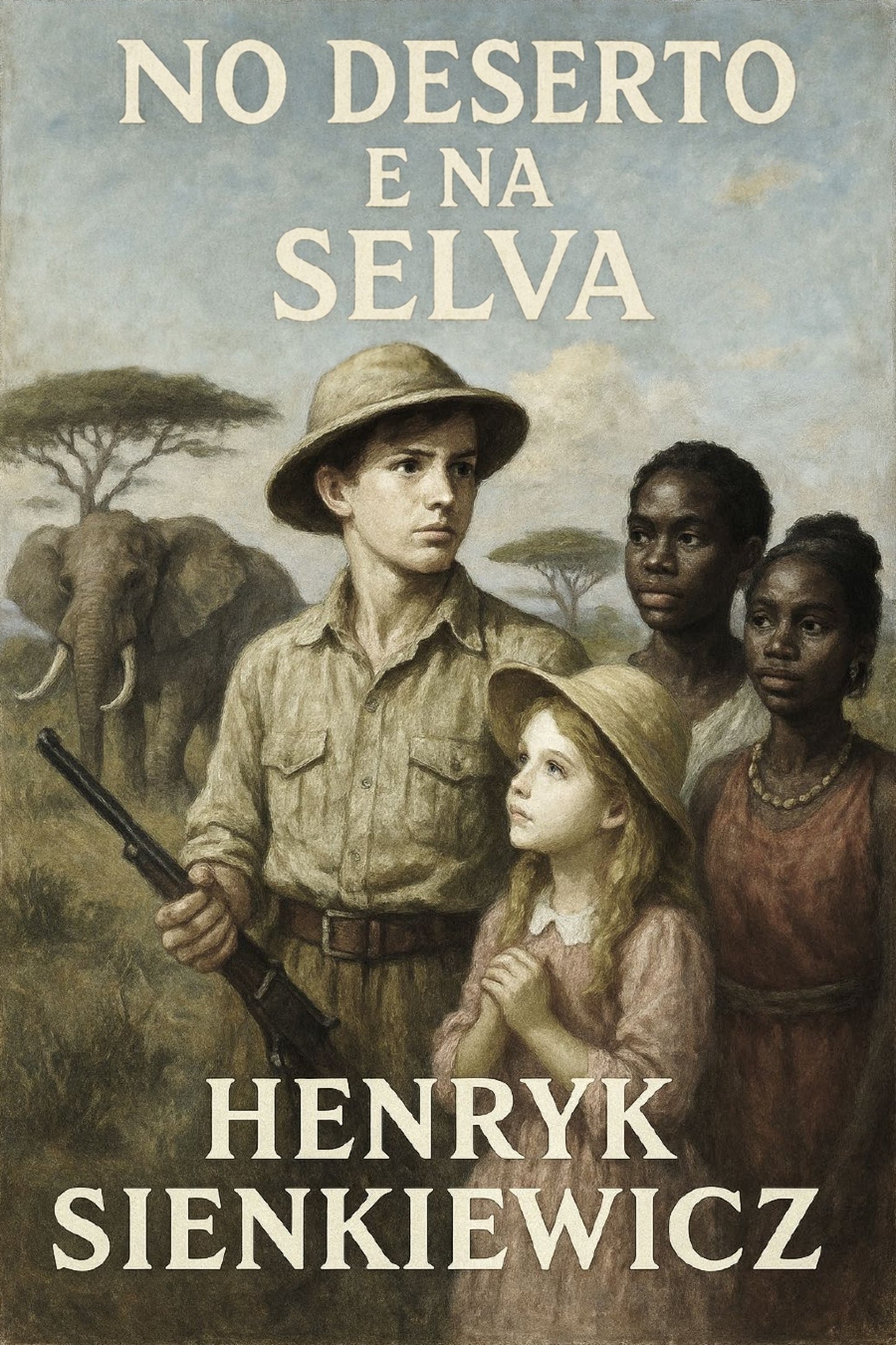 Book cover of 'No deserto e na selva' by Henryk Sienkiewicz featuring a boy with a rifle, two children, and elephants in the background.