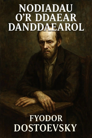 Book cover for 'Nodiadau o'r Ddaear Danddaearol' by Fyodor Dostoevsky, featuring a dark, moody portrait painting of the author at a table with white title and author text.