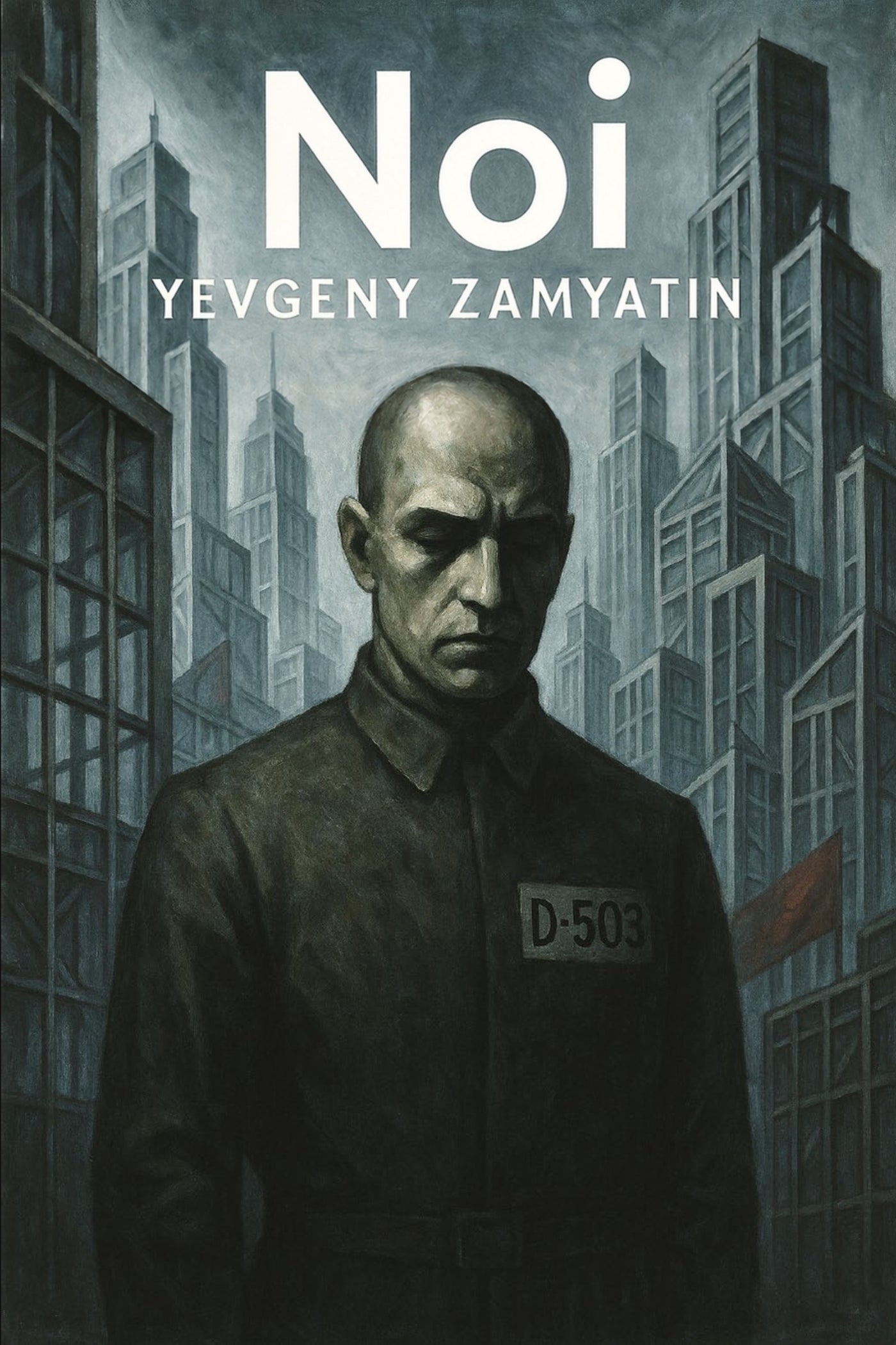 Book cover of 'Noi' by Yevgeny Zamyatin featuring a man in a uniform against a cityscape.