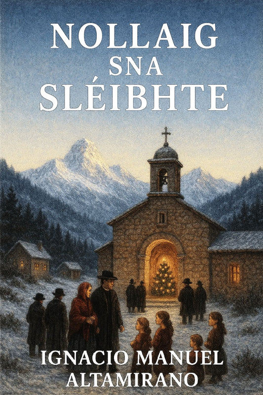 Book cover of 'Nollaig sna Sléibhte' with a church and people in a snowy landscape.