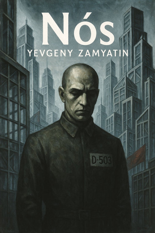 Book cover of 'Nós' by Yevgeny Zamyatin featuring a man in a uniform against a cityscape.