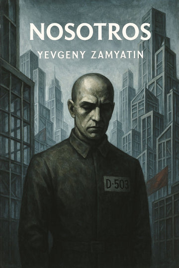 Book cover of 'Nosotros' by Yevgeny Zamyatin featuring a man in a prison uniform against a cityscape.