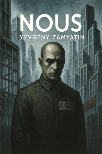 Book cover of 'Nous' by Yevgeny Zamyatin featuring a man in a uniform against a cityscape.
