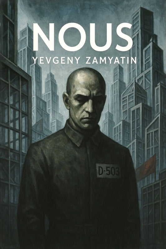 Book cover of 'Nous' by Yevgeny Zamyatin featuring a man in a uniform against a cityscape.