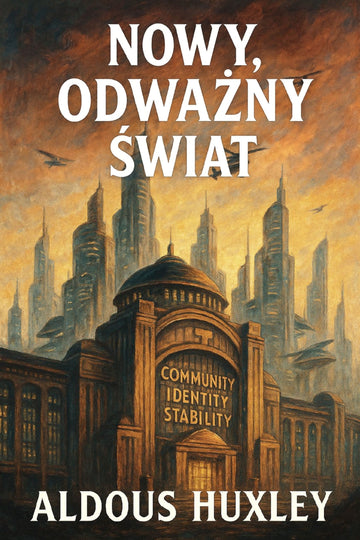 Book cover of 'Nowy, odważny świat' by Aldous Huxley with a futuristic cityscape.