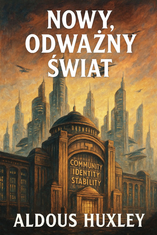 Book cover of 'Nowy, odważny świat' by Aldous Huxley with a futuristic cityscape.