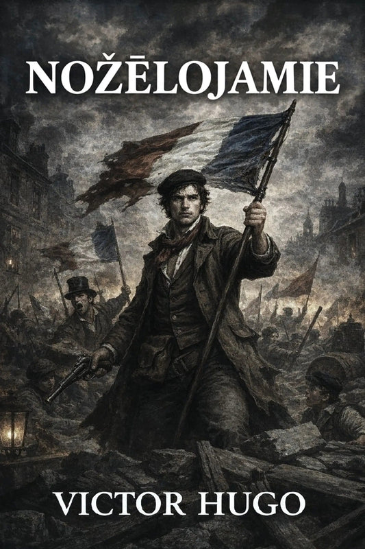 Book cover for 'Nožēlojamie' by Victor Hugo, featuring a dark, dramatic illustration of a historical figure holding a French flag in a battle scene, with the title and author name in white text.
