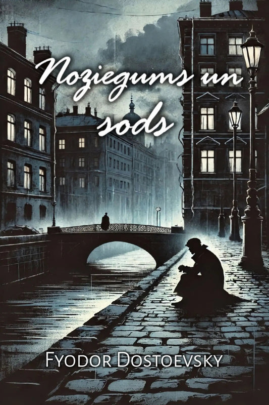 Book cover for 'Noziegums un sods' by Fyodor Dostoevsky, featuring a moody, dark-toned illustration of a European canal scene with buildings, a bridge, and a seated figure on a cobblestone street.