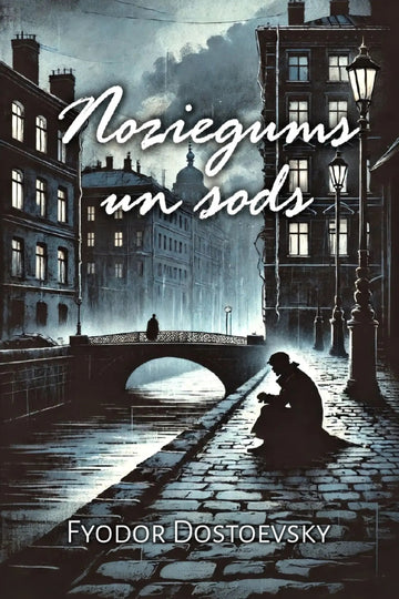 Book cover for 'Noziegums un sods' by Fyodor Dostoevsky, featuring a moody, misty European street scene with a canal, bridge, lit buildings, and a seated figure in the foreground.