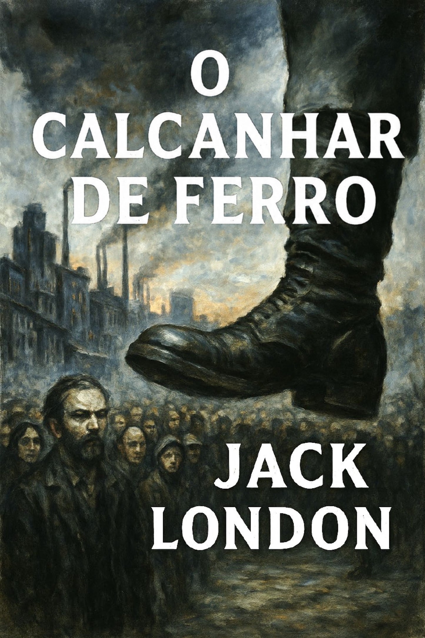 Book cover of 'O Calcanhar de Ferro' by Jack London with a boot and cityscape background.