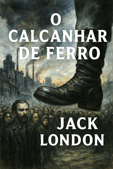 Book cover of 'O Calcanhar de Ferro' by Jack London with a boot and cityscape background.