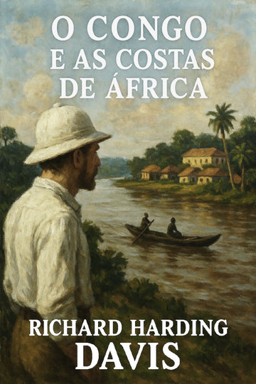 Book cover of 'O Congo e as Costas de África' by Richard Harding Davis with a man in a pith helmet and canoe on a river.