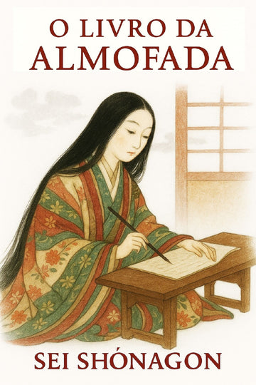 Book cover of 'O Livro da Almofada' by Sei Shônagon featuring a woman in traditional attire writing.