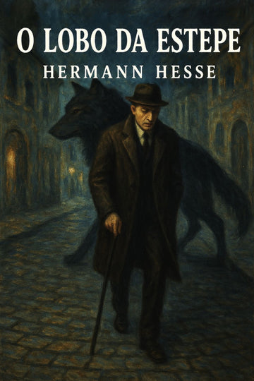 Book cover of 'O Lobo da Estepe' by Hermann Hesse featuring a man and wolf in a dark, atmospheric setting.