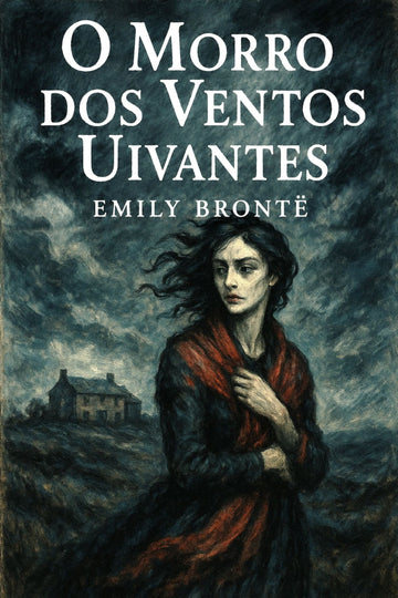 Book cover of 'O Morro dos Ventos Uivantes' by Emily Bronté with a woman in a red cloak against a stormy sky.