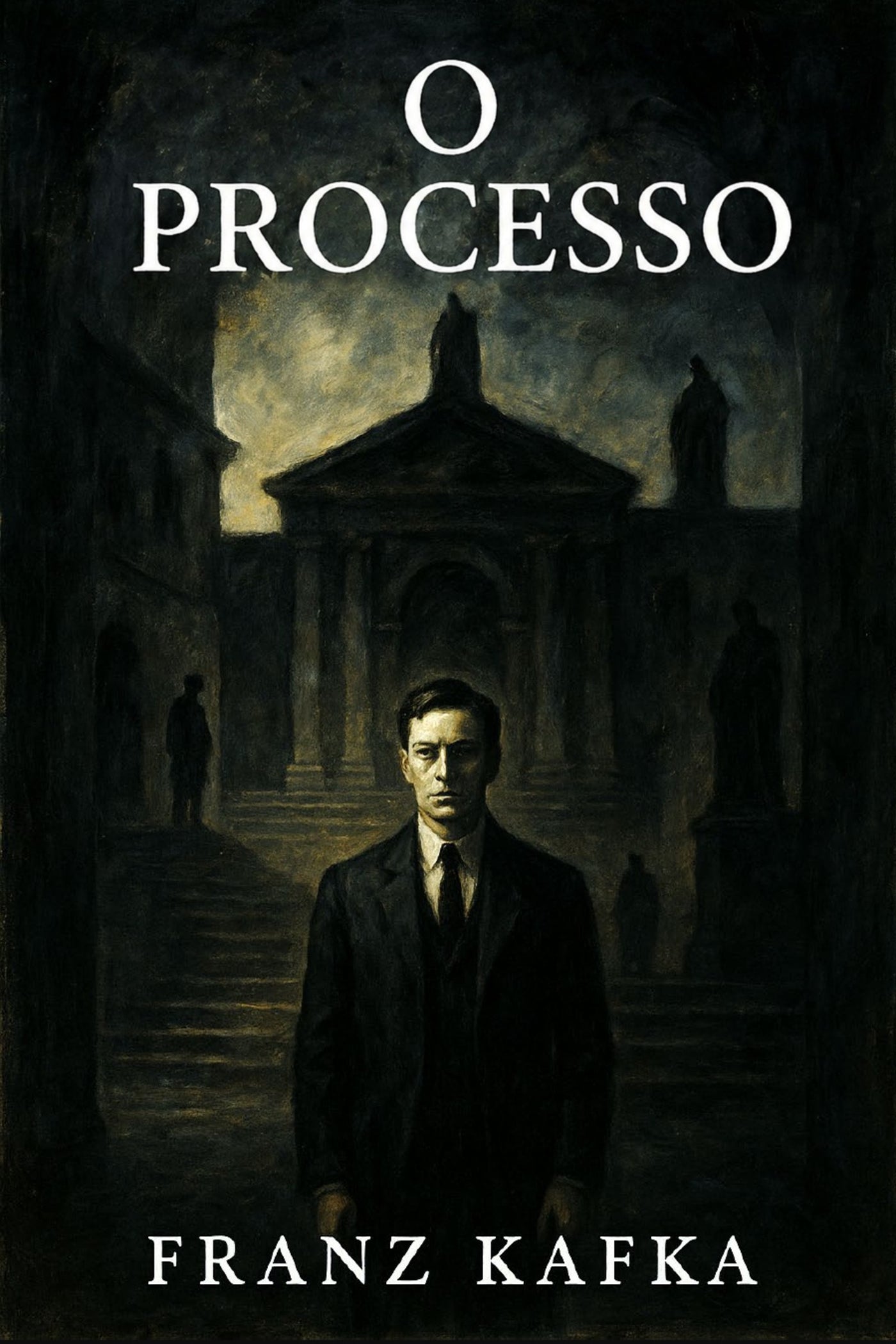 Book cover of 'O Processo' by Franz Kafka with a dark, mysterious atmosphere.