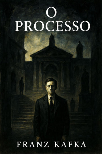 Book cover of 'O Processo' by Franz Kafka with a dark, mysterious atmosphere.