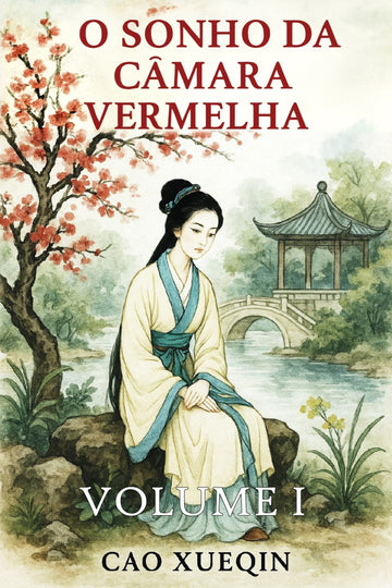 Book cover of 'O Sonho da Cámara Vermelha' with a woman in traditional attire sitting by a pond and cherry blossom tree.