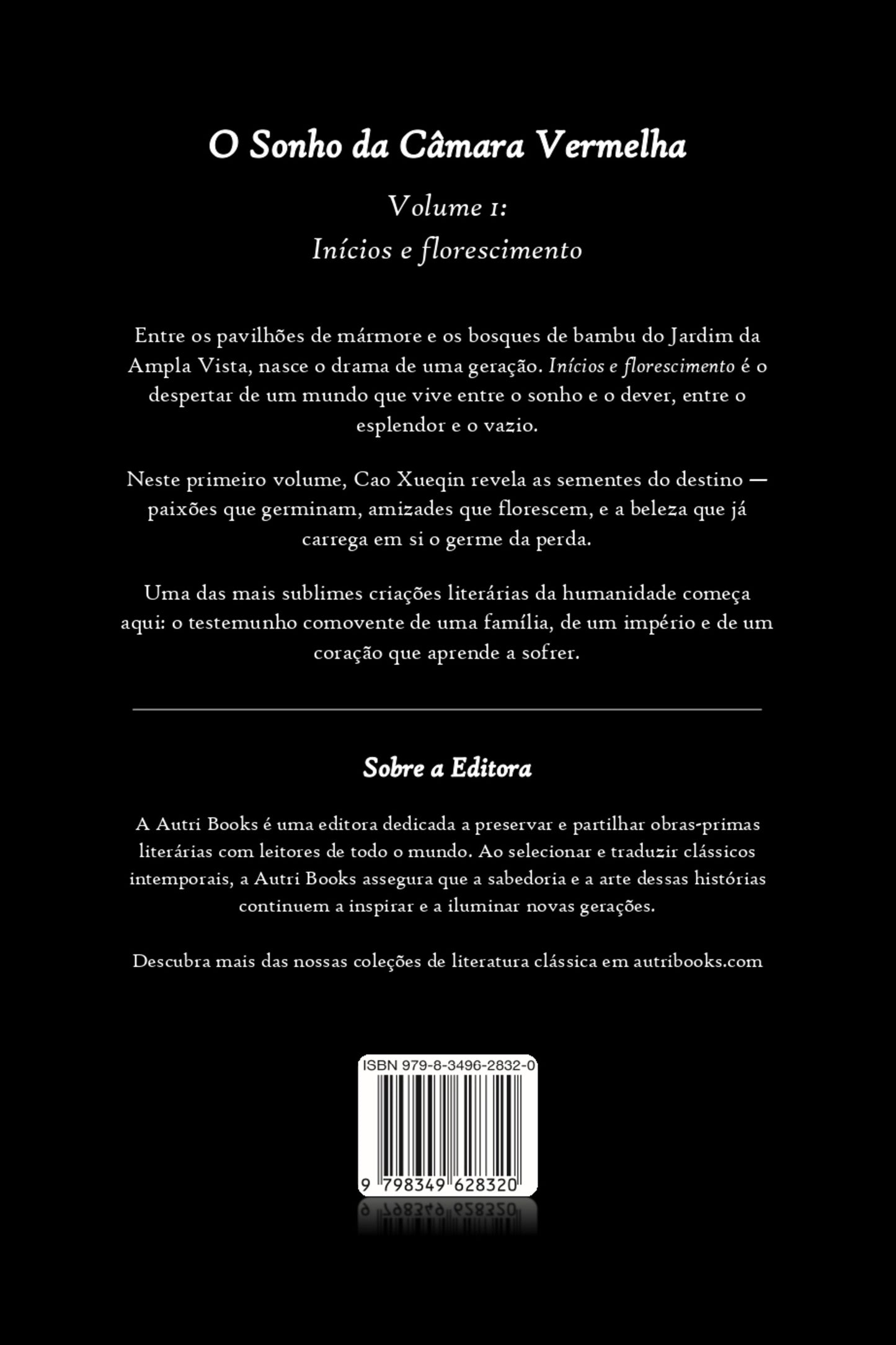 Back cover of a book titled 'O Sonho da Cámara Vermelha' with text and publisher information.