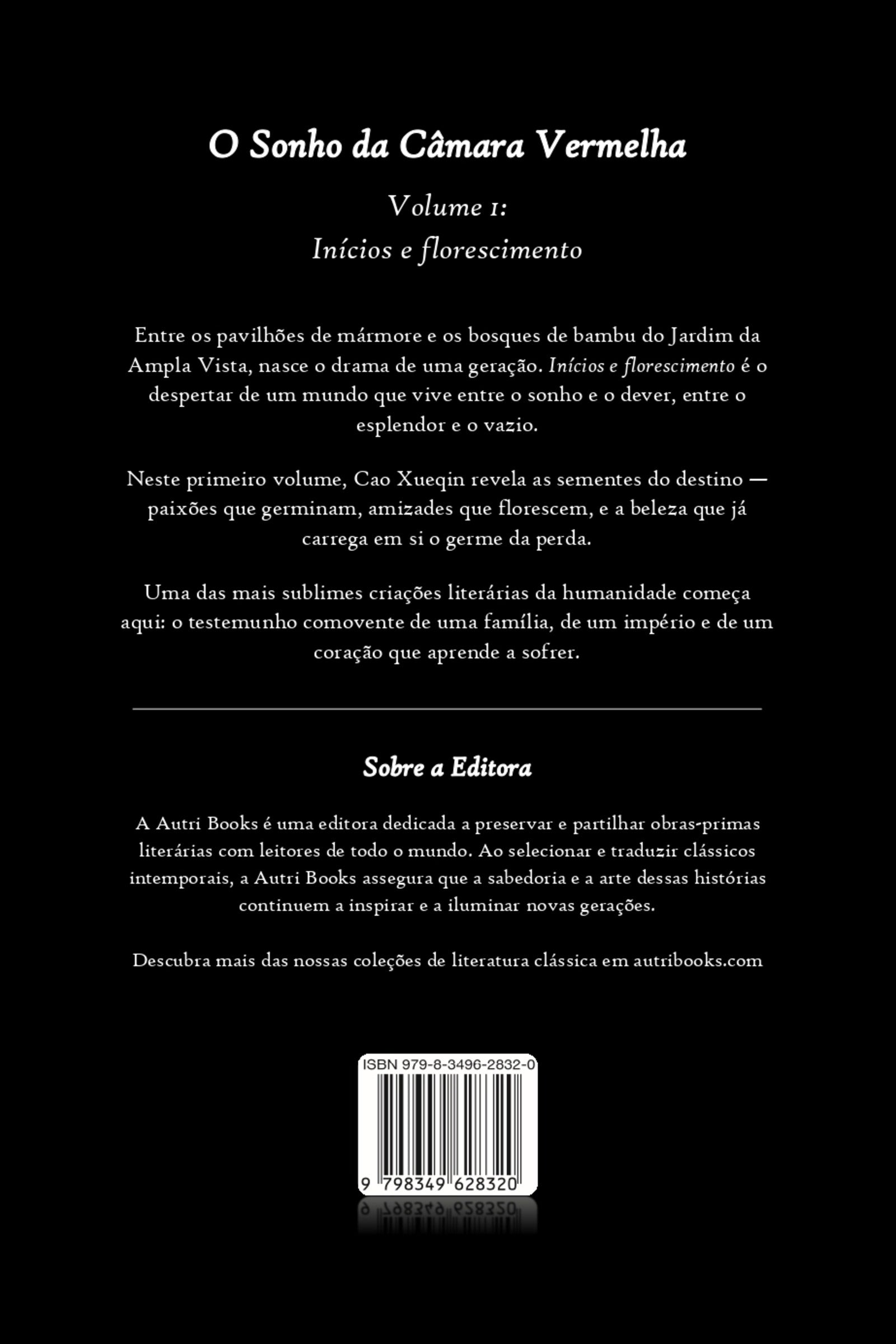 Back cover of a book titled 'O Sonho da Cámara Vermelha' with text and publisher information.