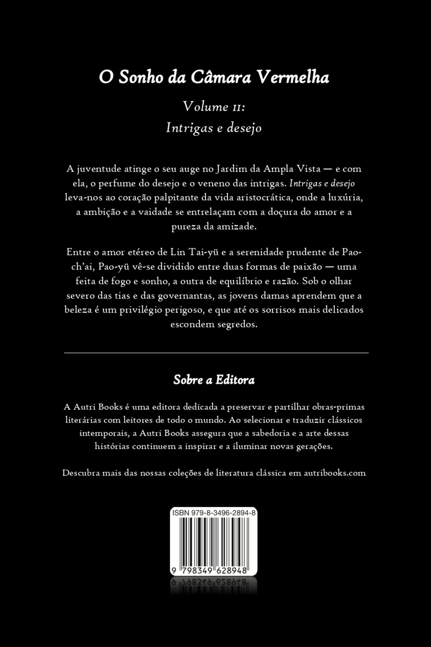 Back cover of a book titled 'O Sonho da Cámara Vermelha' with text and publisher information.