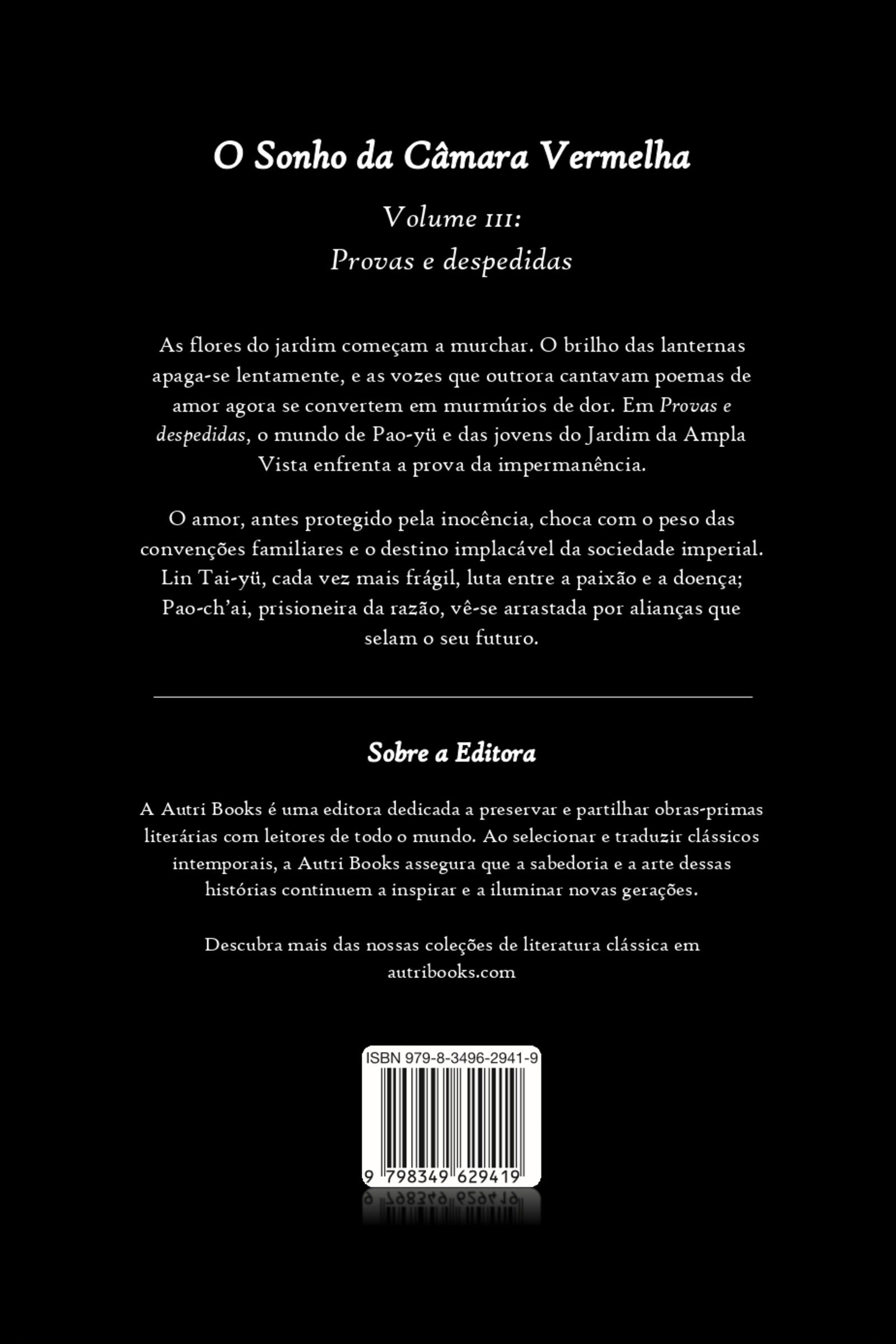 Back cover of a book titled 'O Sonho da Cámara Vermelha' with text and a black background.