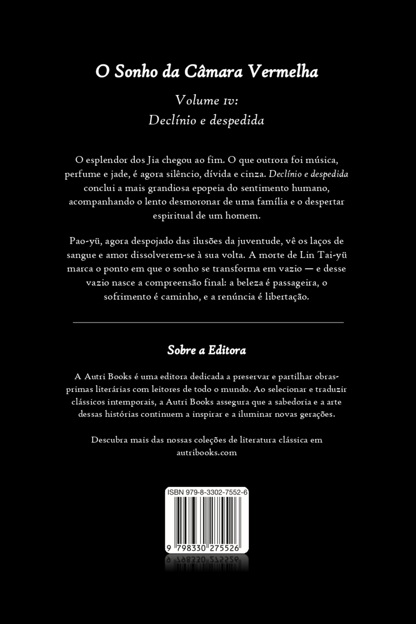 Back cover of a book titled 'O Sonho da Cámara Vermelha' with text and branding information.