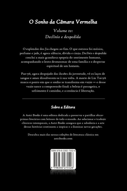 Back cover of a book titled 'O Sonho da Cámara Vermelha' with text and branding information.