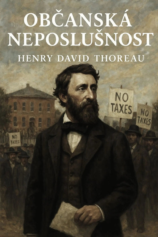 Book cover for 'Občanská neposlušnost' by Henry David Thoreau, featuring a painted portrait of Thoreau in front of a protest scene with 'NO TAXES' signs.