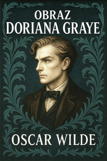 Book cover for 'Obraz Doriana Graye' by Oscar Wilde, featuring a portrait of Dorian Gray in profile against a dark teal background with ornate decorative foliage and white title text.