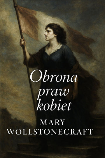 Book cover of 'Obrona praw kobiet' by Mary Wollstonecraft with a woman holding a flag.