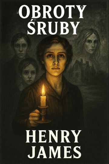 Book cover of 'Obroty śruby' by Henry James with a person holding a candle against a dark background.