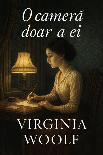 Book cover of 'O cameră doar a ei' by Virginia Woolf featuring a woman writing at a desk.