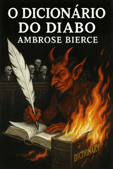 Book cover of 'O dicionário do diabo' by Ambrose Bierce with a devilish figure writing in flames.