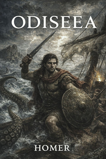 Book cover of 'Odiseea' by Homer featuring a warrior on a ship with a stormy background.