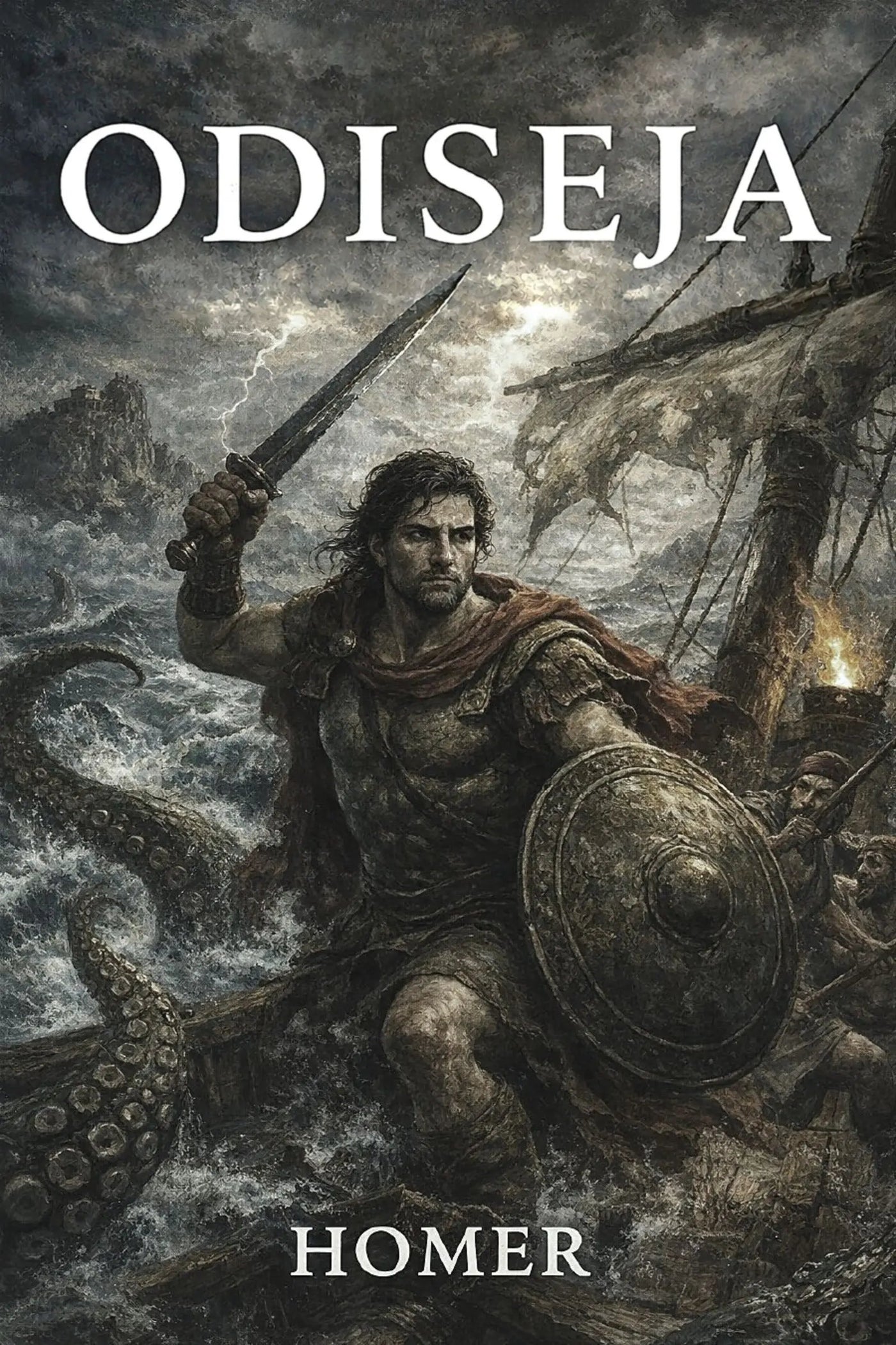 Book cover for 'Odiseja' by Homer, featuring an illustrated sea battle scene with a warrior holding a sword and shield on a ship amidst stormy waves and a giant octopus tentacle.