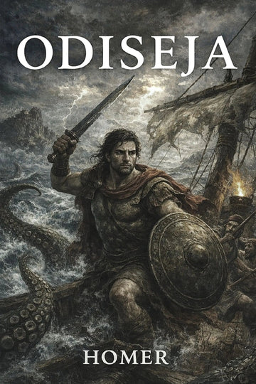 Book cover for 'Odiseja' by Homer, featuring an illustrated sea battle scene with a warrior holding a sword and shield on a ship amidst stormy waves and a giant octopus tentacle.