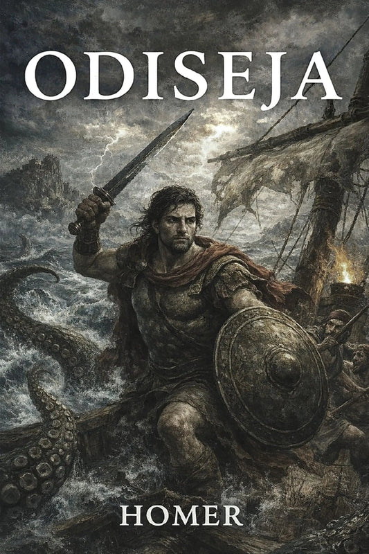 Book cover for 'Odiseja' by Homer, featuring an illustrated sea battle scene with a warrior holding a sword and shield on a ship amidst stormy waves and a giant octopus tentacle.