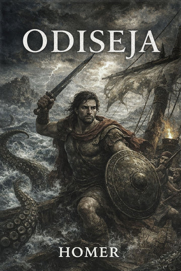 Book cover of 'Odiseja' with a warrior and ship in a stormy sea, featuring the title and author's name.