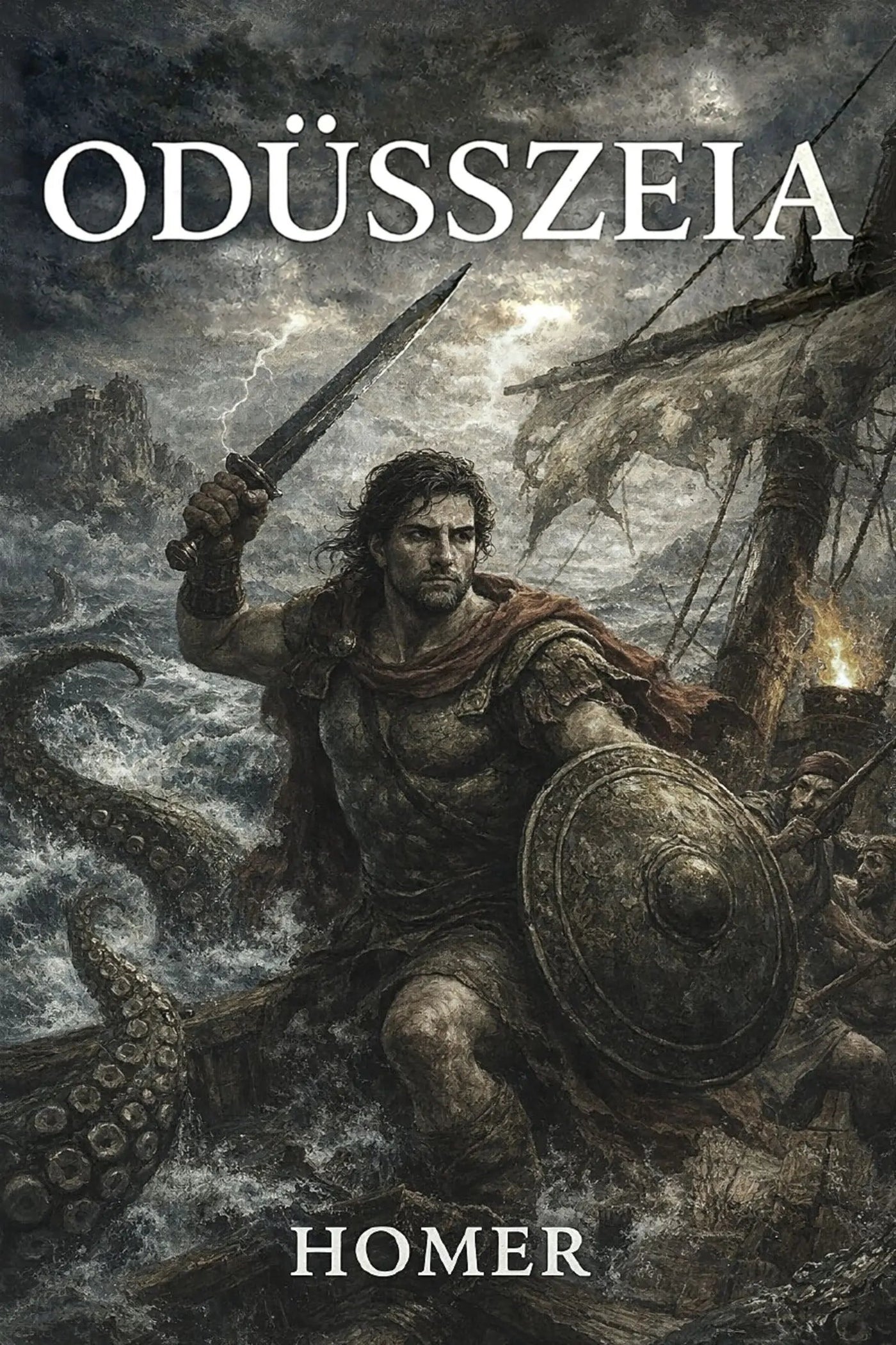 Book cover for Homer's 'Odüsszeia', featuring a dramatic illustration of Odysseus in a stormy sea with a sword and shield.