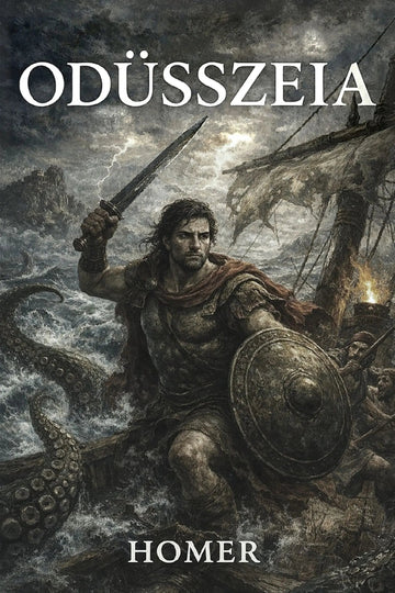 Book cover for Homer's 'Odüsszeia', featuring a dramatic illustration of Odysseus in a stormy sea with a sword and shield.