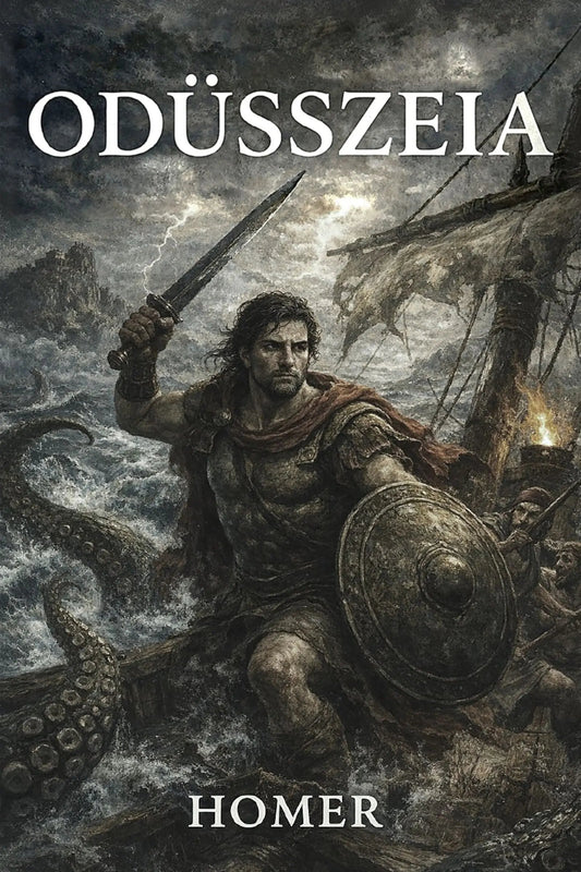 Book cover for Homer's 'Odüsszeia', featuring a dramatic illustration of Odysseus in a stormy sea with a sword and shield.