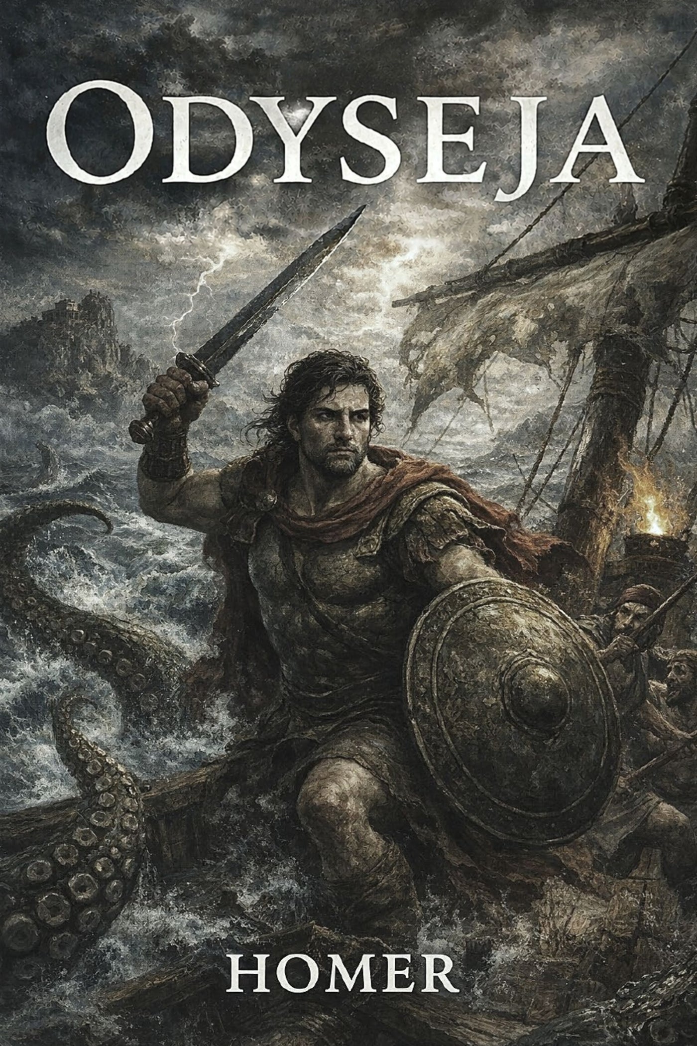 Book cover of 'Odyseja' by Homer featuring a warrior with a sword and shield against a stormy sea.
